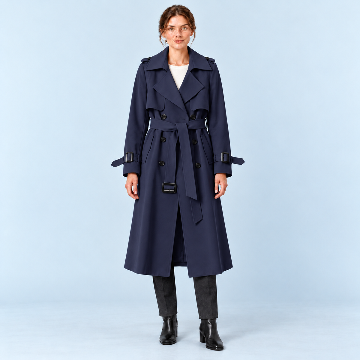 Trench long femme bleu marine à ceinture et double boutonnage, vue de face