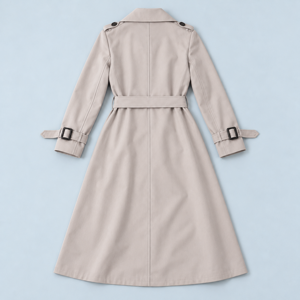 Trench femme kaki présenté à plat, dos reconstitué — détails à vérifier