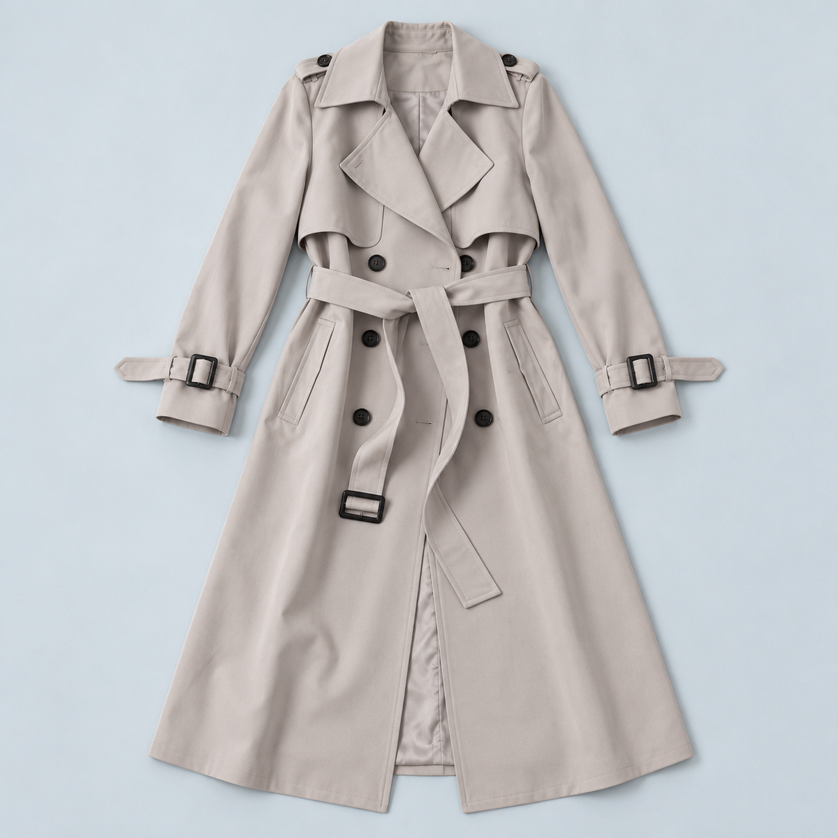 Trench long femme kaki présenté à plat, vue de face