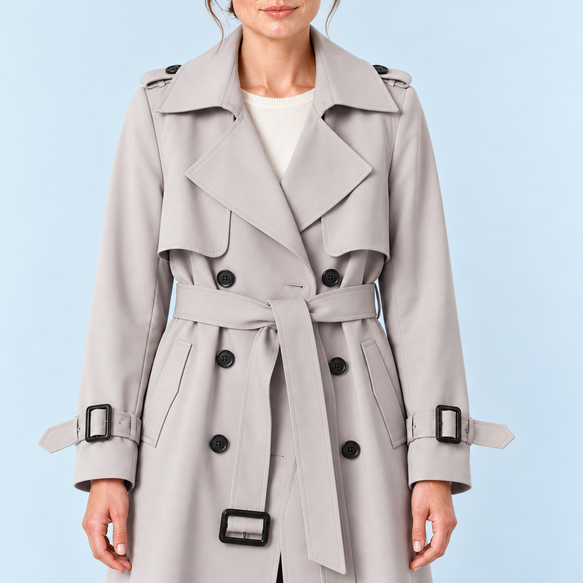 Détails du trench femme kaki, col, ceinture et poignets à boucle