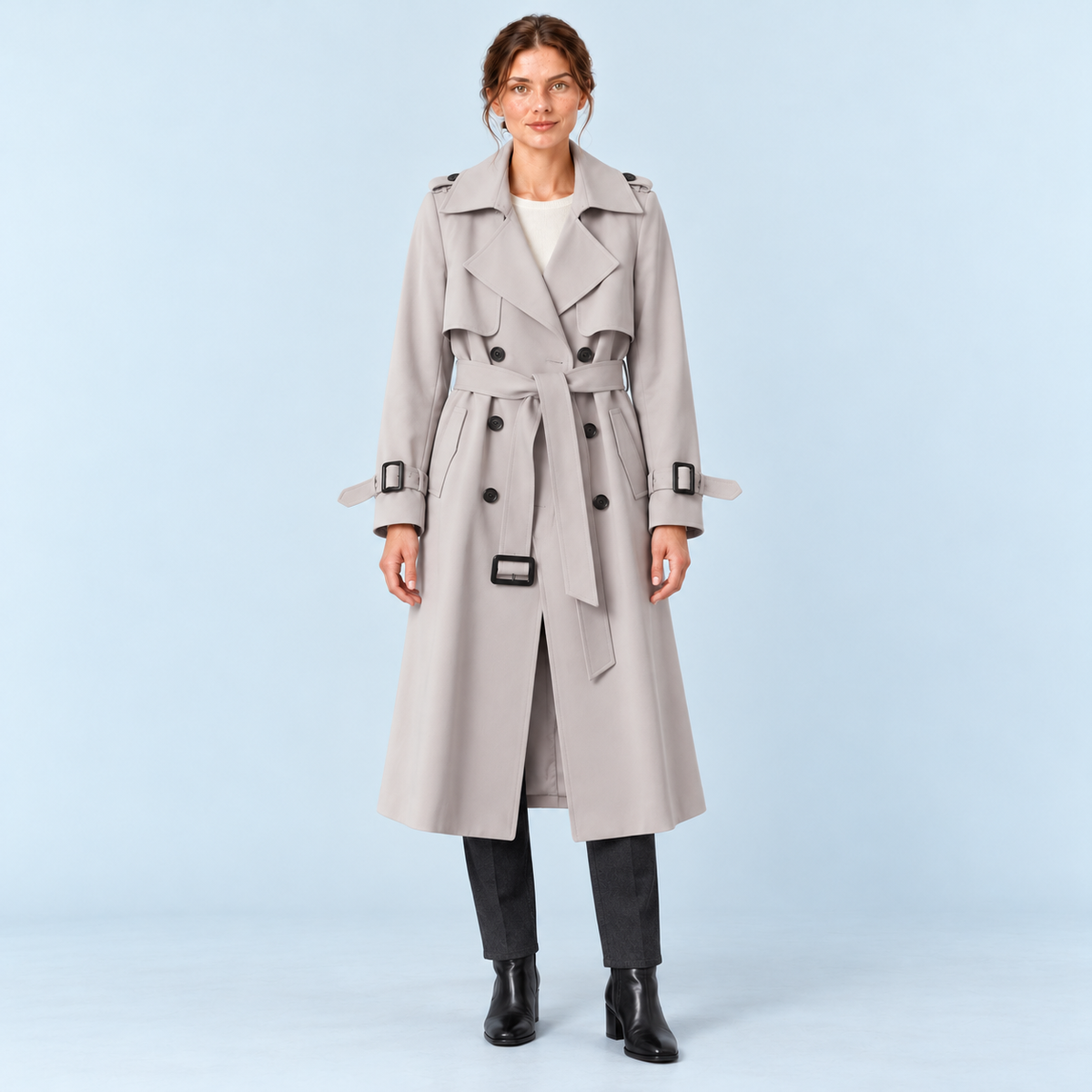 Trench long femme kaki à ceinture et double boutonnage, vue de face