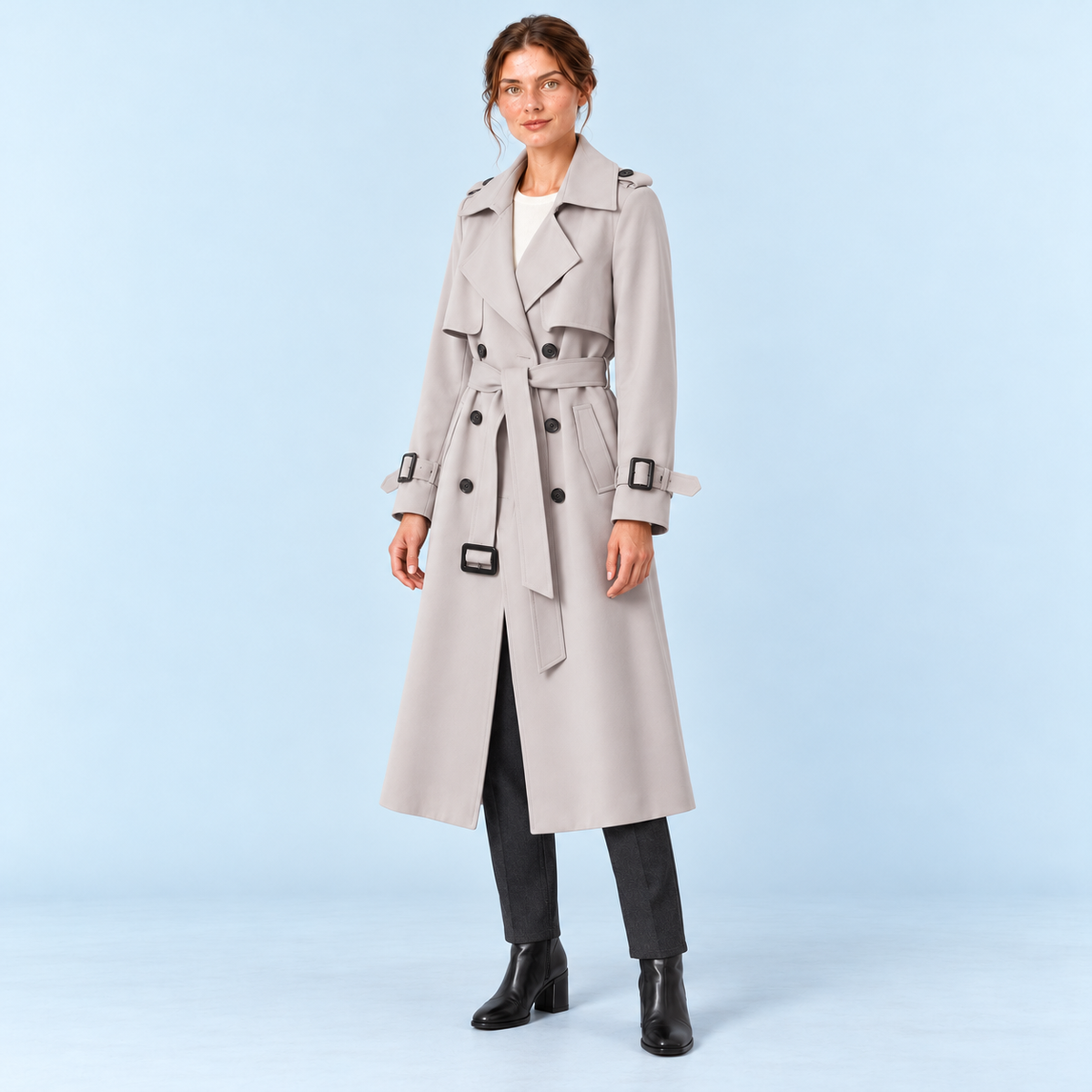 Trench long femme kaki à ceinture et double boutonnage, vue de trois quarts