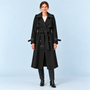 Trench long femme noir à ceinture et double boutonnage, vue de face