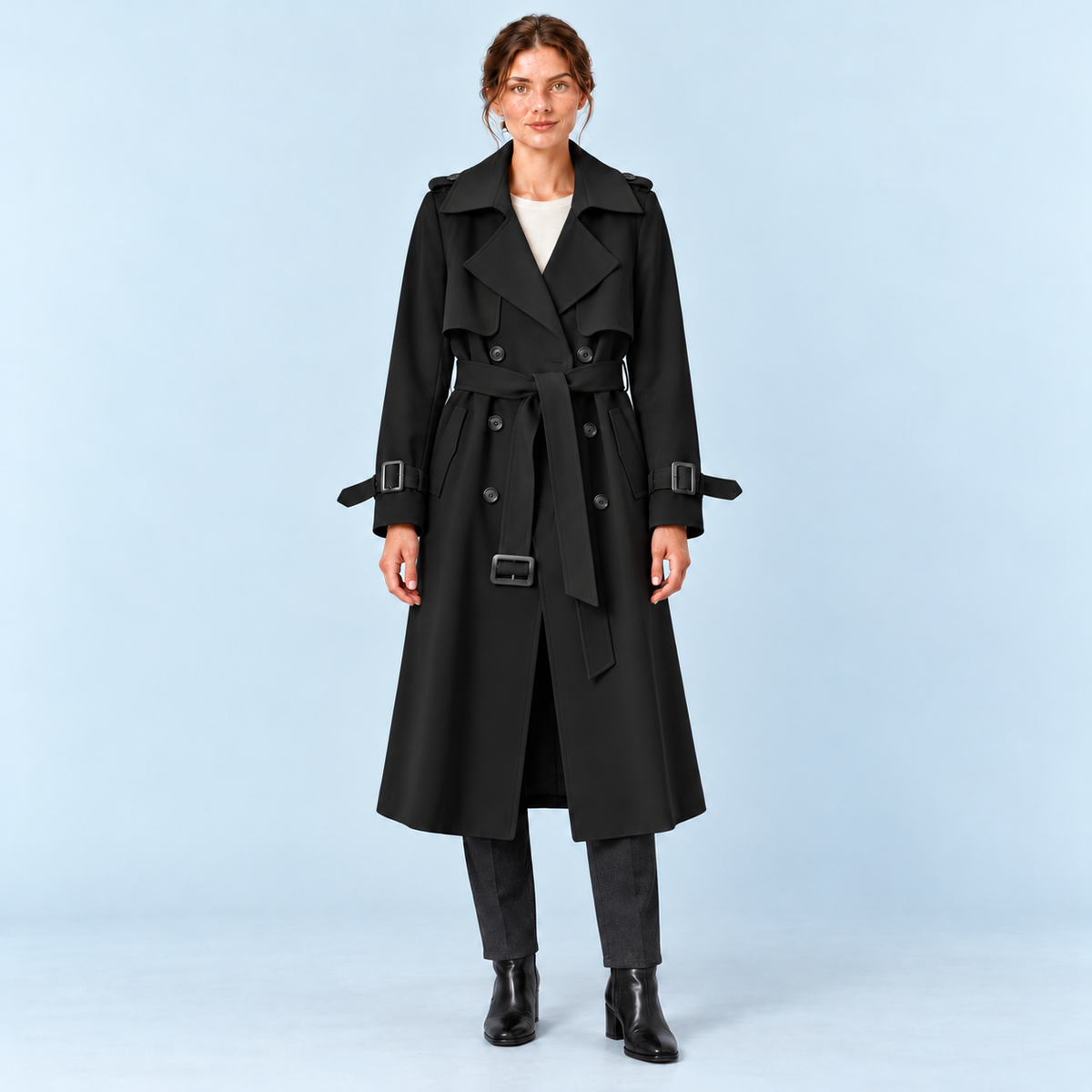 Trench long femme noir à ceinture et double boutonnage, vue de face