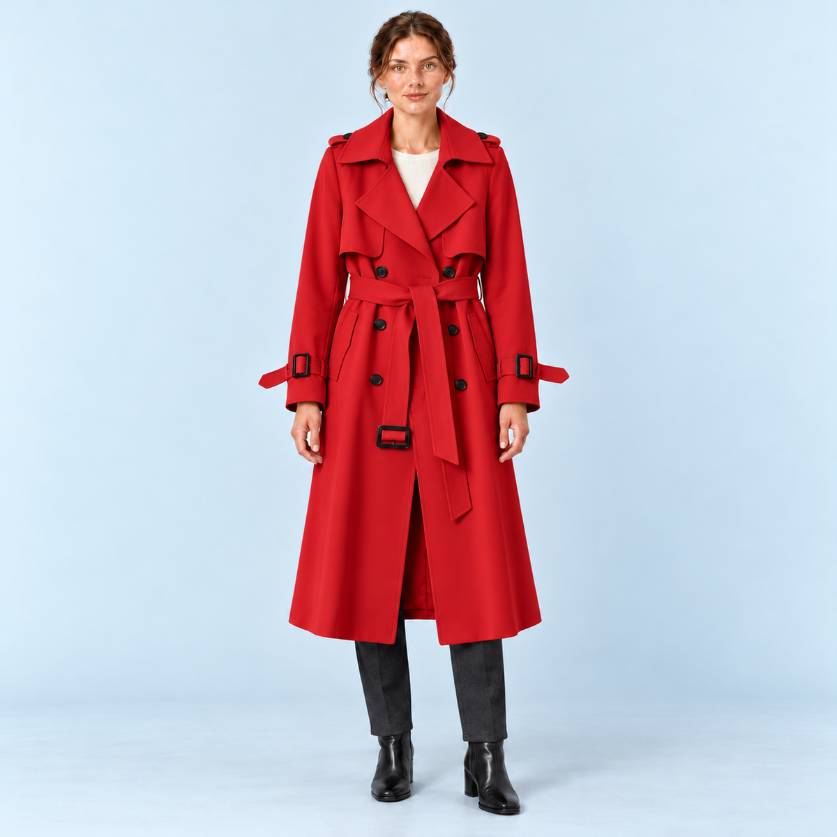 Trench long femme rouge à ceinture et double boutonnage, vue de face