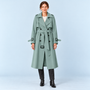 Trench long femme vert à ceinture et double boutonnage, vue de face