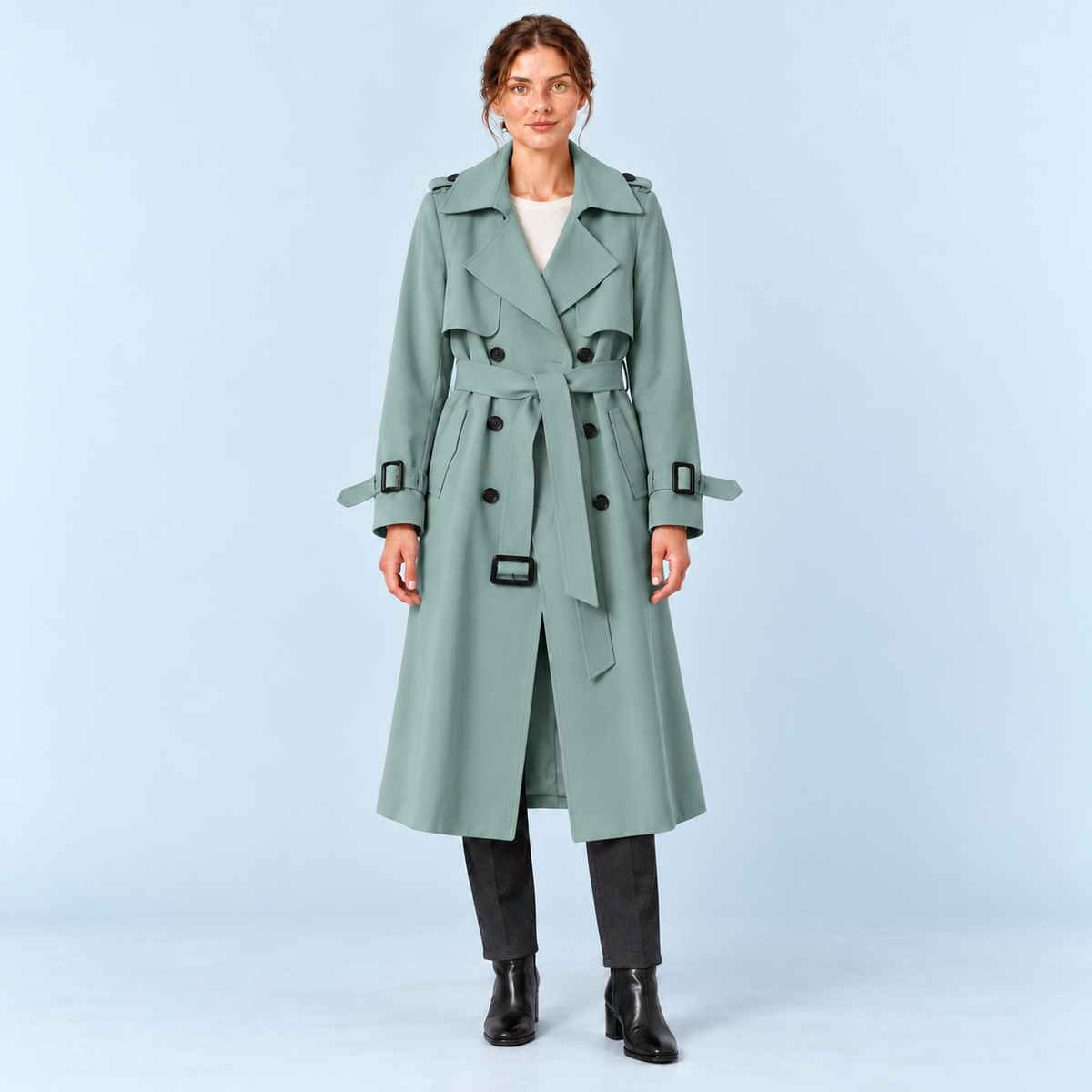 Trench long femme vert à ceinture et double boutonnage, vue de face
