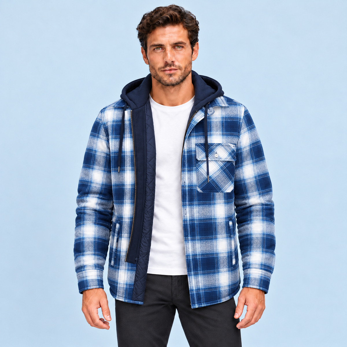 Veste homme à carreaux blanc et bleu clair avec capuche — vue de face, Modèle B