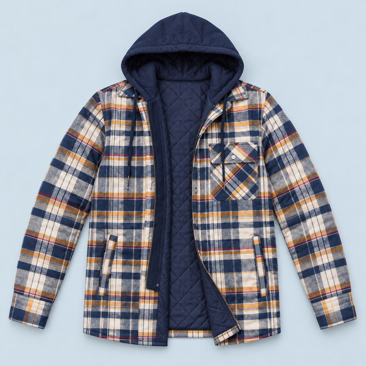 Veste homme à carreaux jaune et bleu — vue de face à plat avec doublure visible