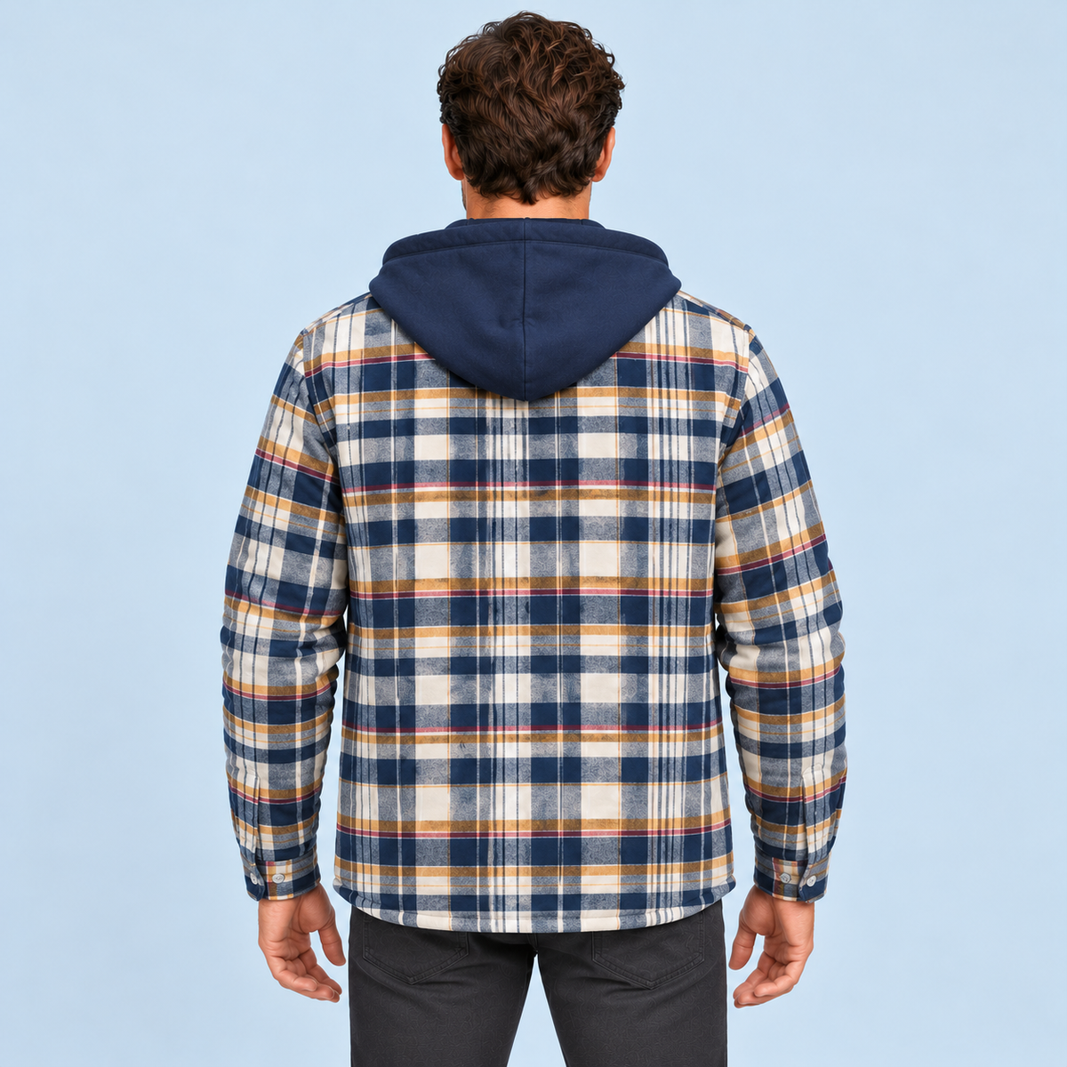 Veste homme à carreaux jaune et bleu — dos reconstitué, détails à vérifier