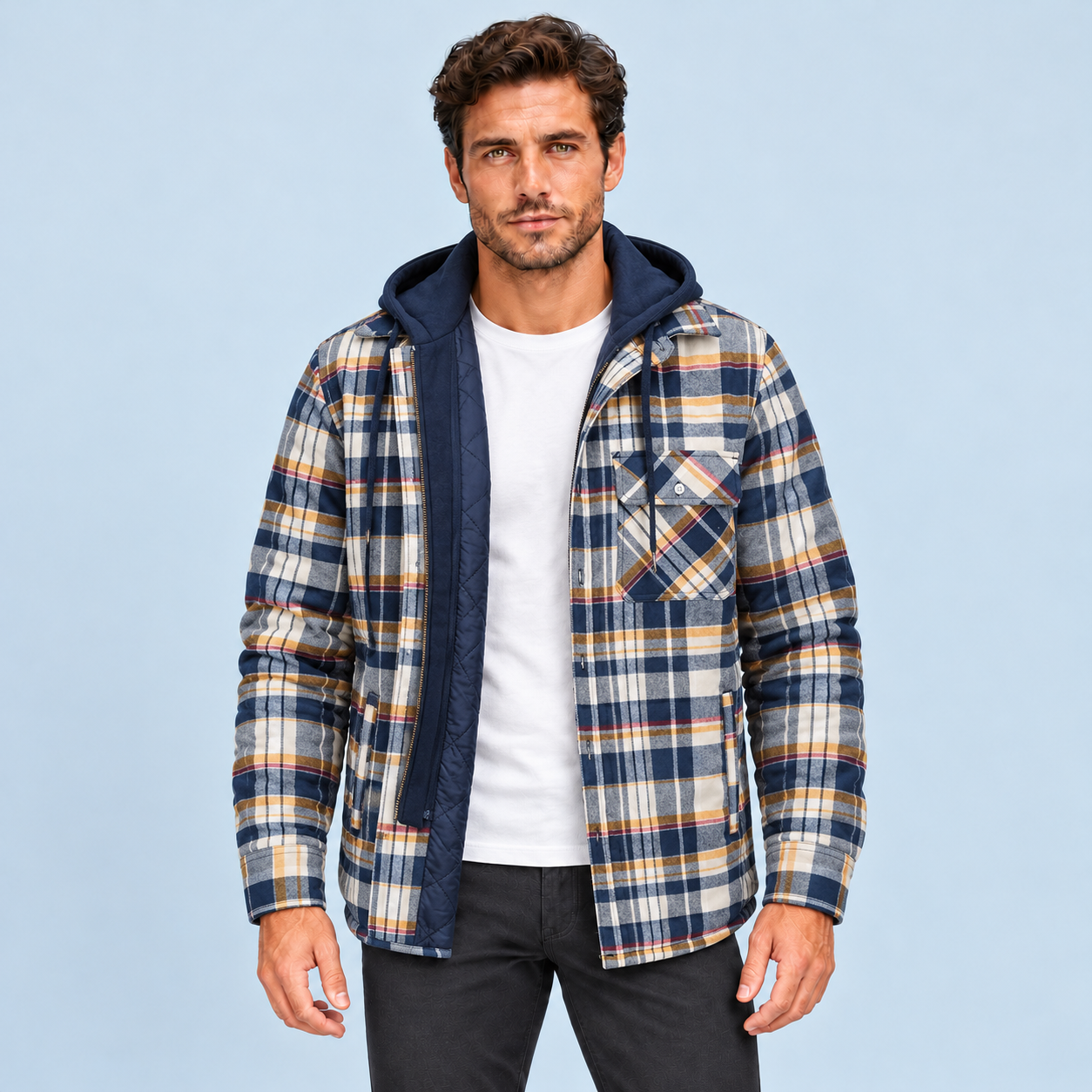 Veste homme à carreaux jaune et bleu avec capuche — vue de face, Modèle B