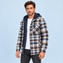 Veste homme à carreaux jaune et bleu avec capuche — vue de trois quarts, Modèle B