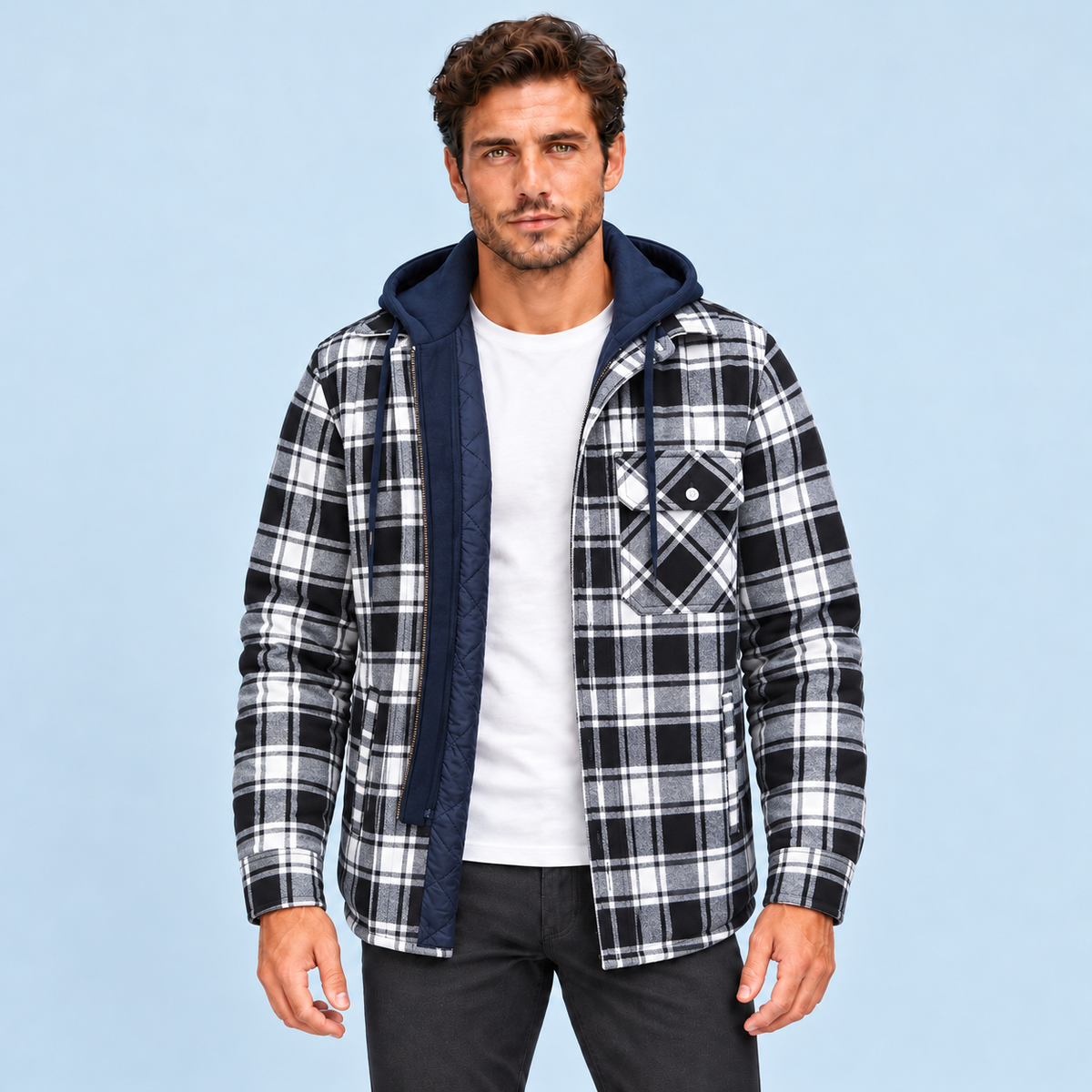 Veste homme à carreaux noir et blanc avec capuche — vue de face, Modèle B