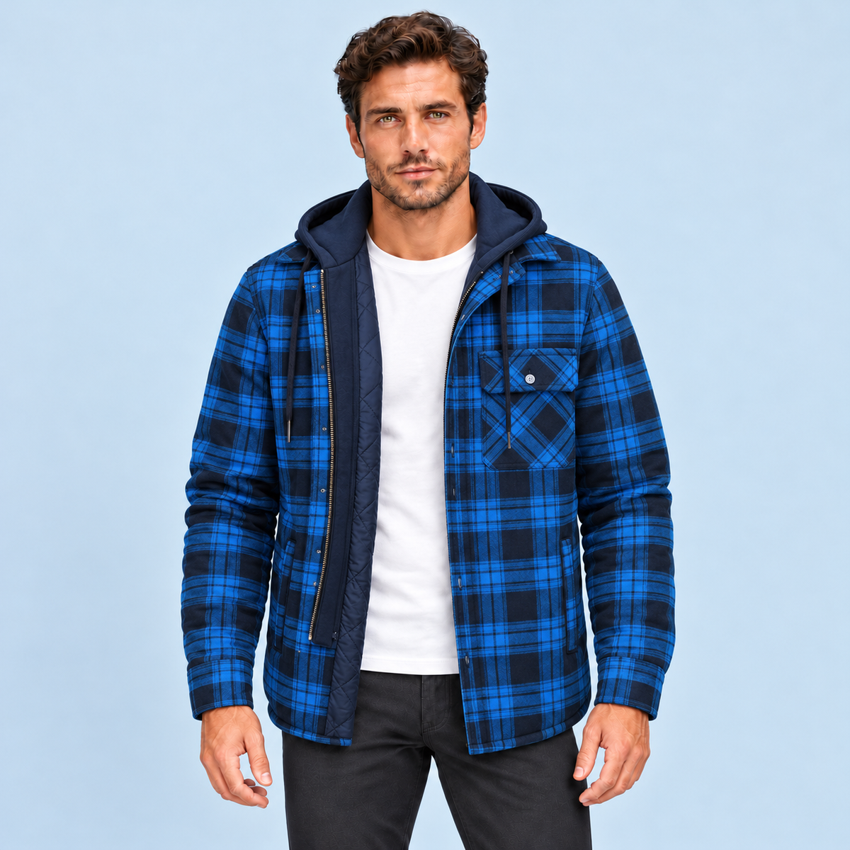 Veste homme à carreaux noir et bleu avec capuche — vue de face, Modèle B