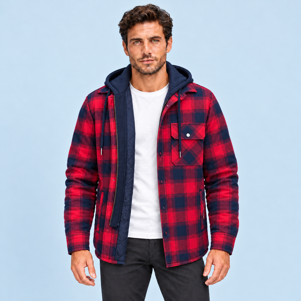 Veste homme à carreaux rouge avec capuche — vue de face, Modèle B