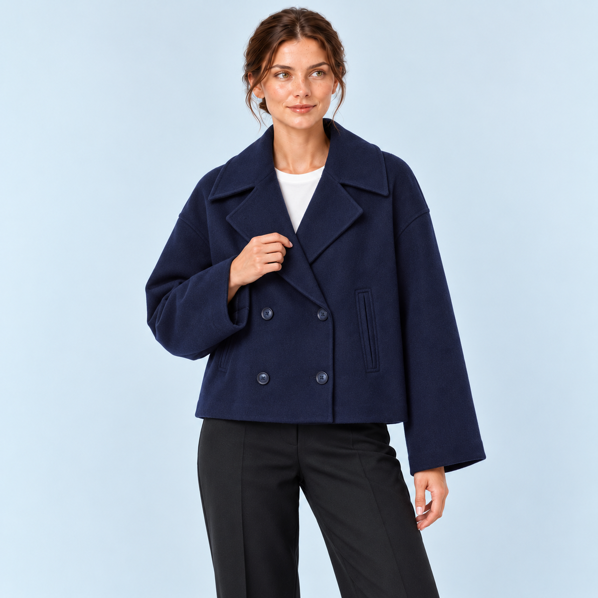Veste courte femme à double boutonnage et col revers — bleu-marine — face