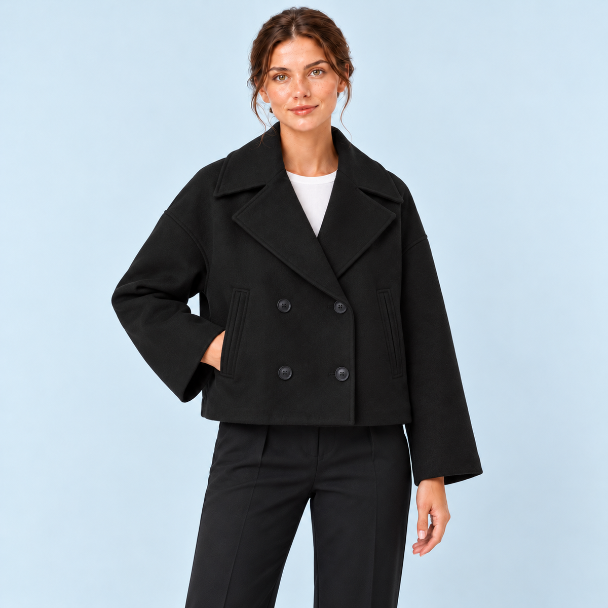 Veste courte femme à double boutonnage et col revers — noir — face