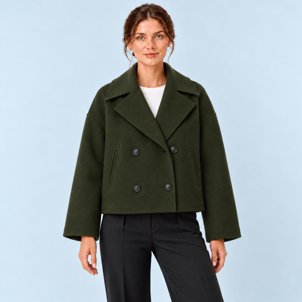 Veste courte femme à double boutonnage et col revers — vert — face
