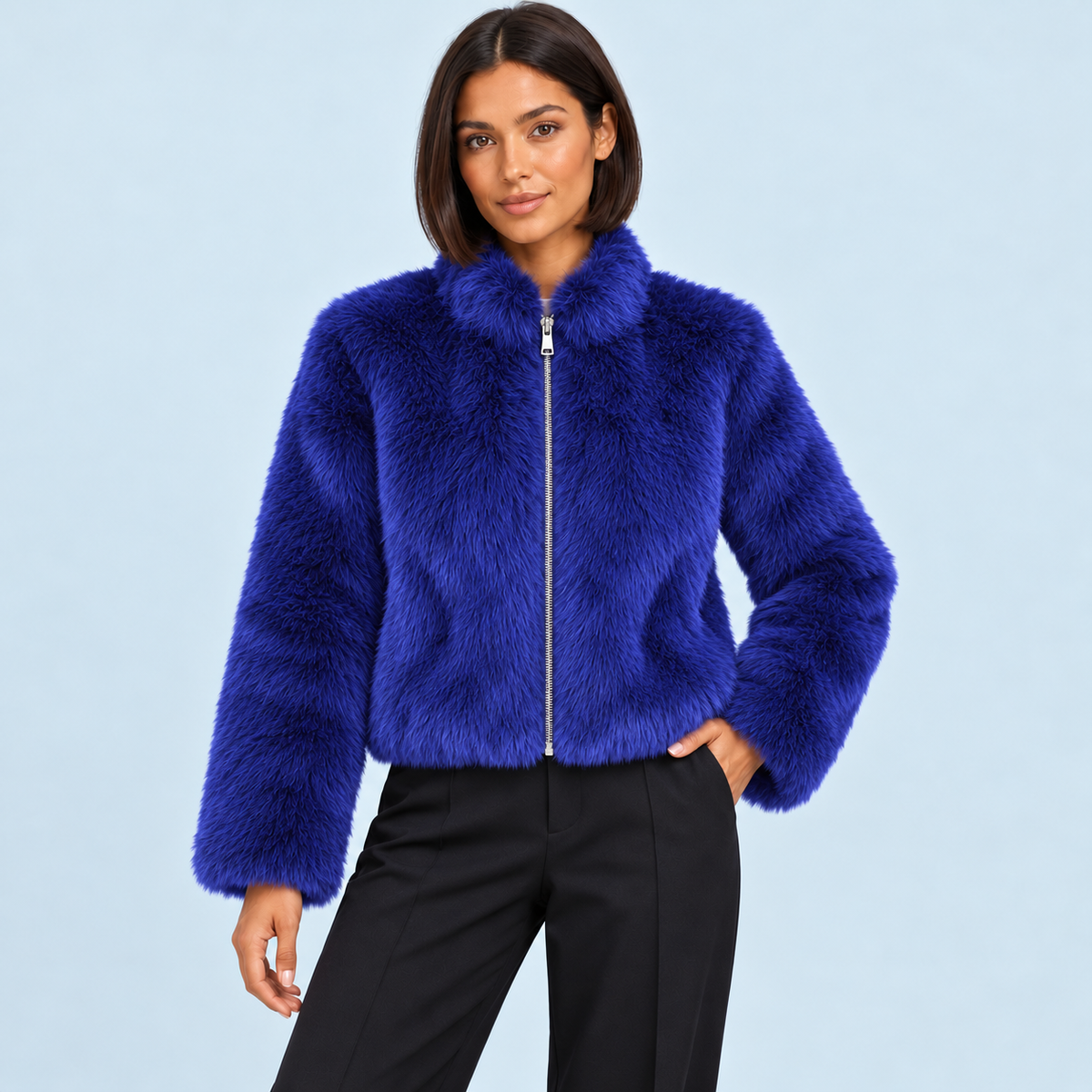 Veste courte femme en fausse fourrure à col montant — bleu — face
