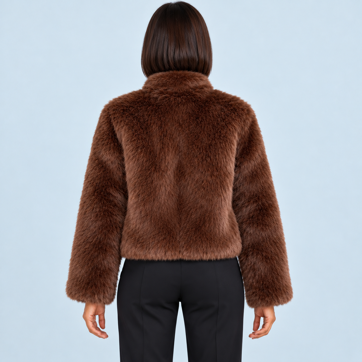 Veste courte femme en fausse fourrure à col montant — marron — dos