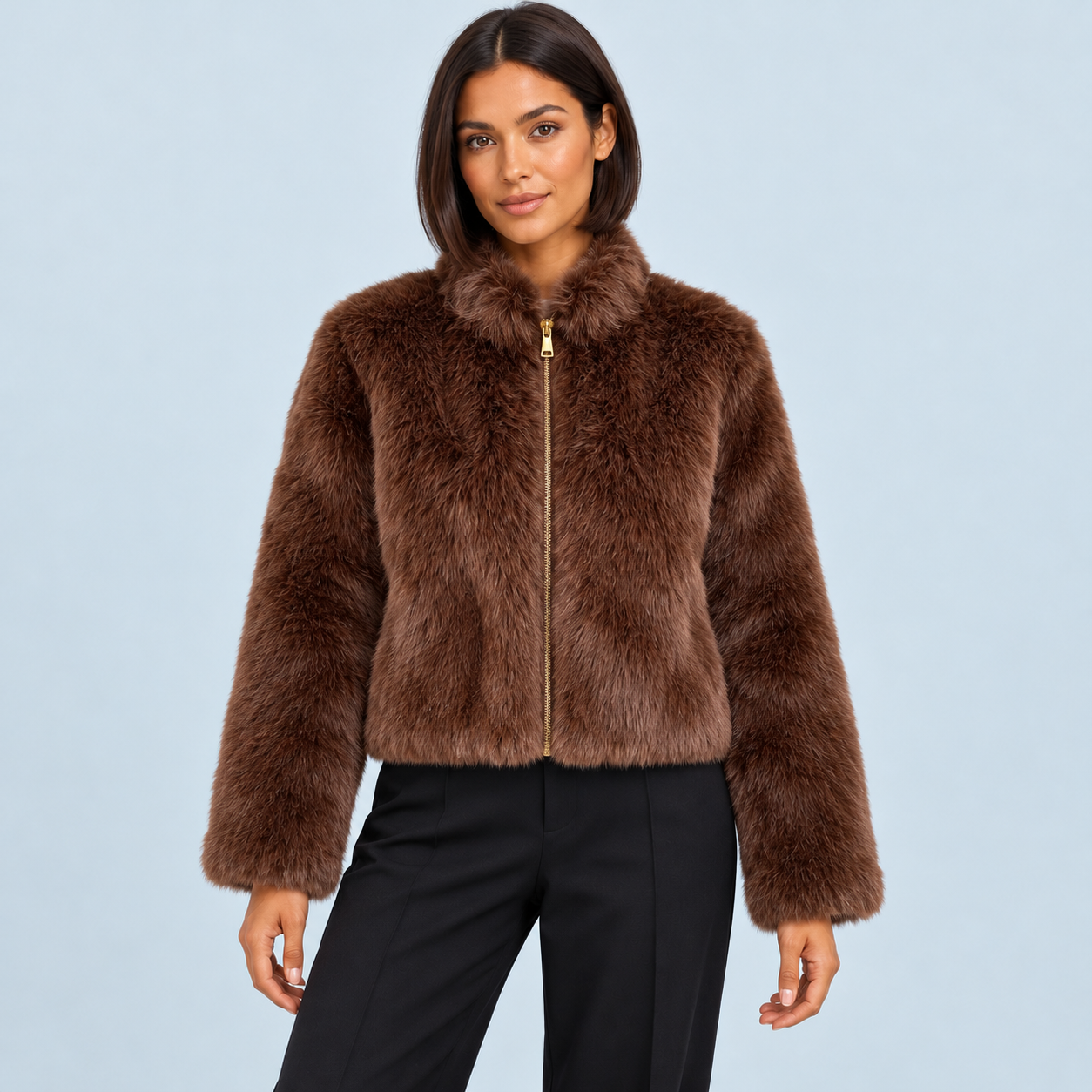 Veste courte femme en fausse fourrure à col montant — marron — face