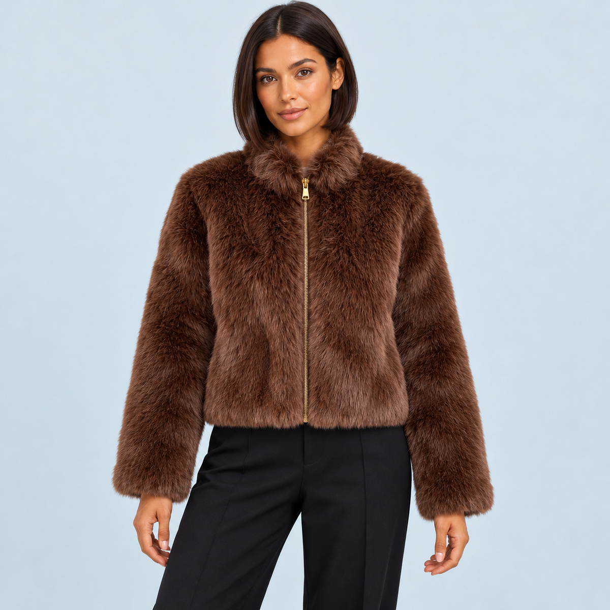Veste courte femme en fausse fourrure à col montant — marron — face