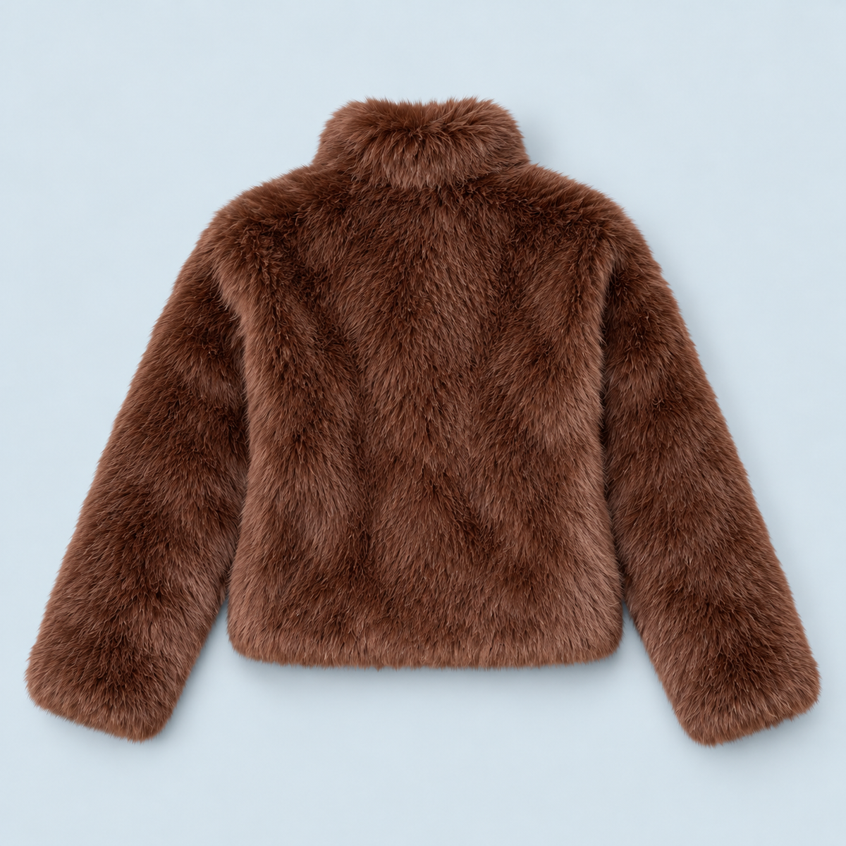 Veste courte femme en fausse fourrure à col montant — marron — plat-dos