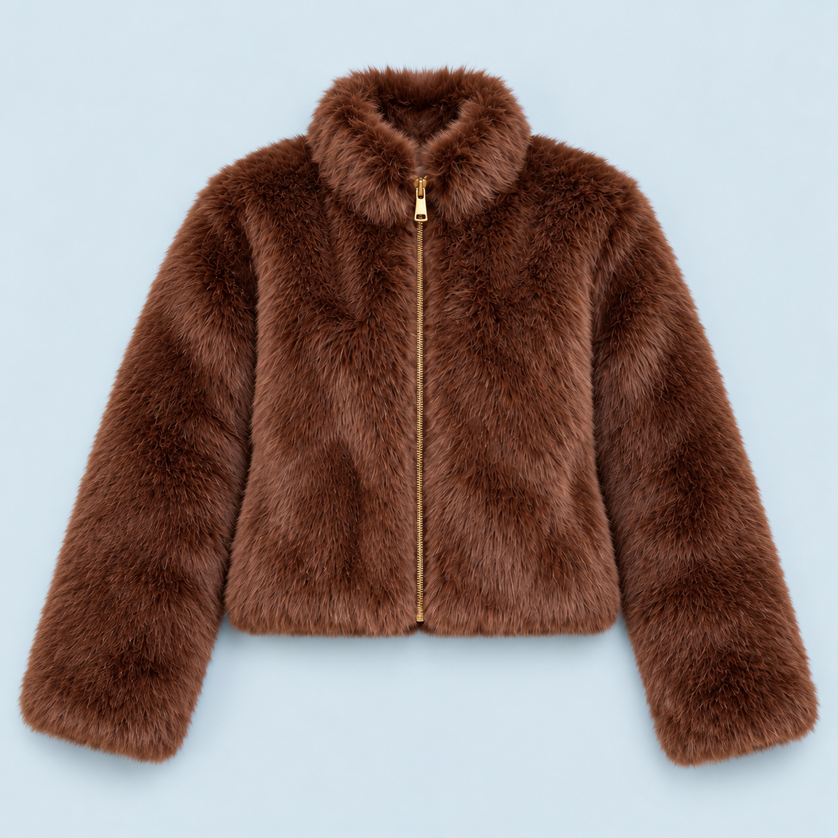 Veste courte femme en fausse fourrure à col montant — marron — plat-face