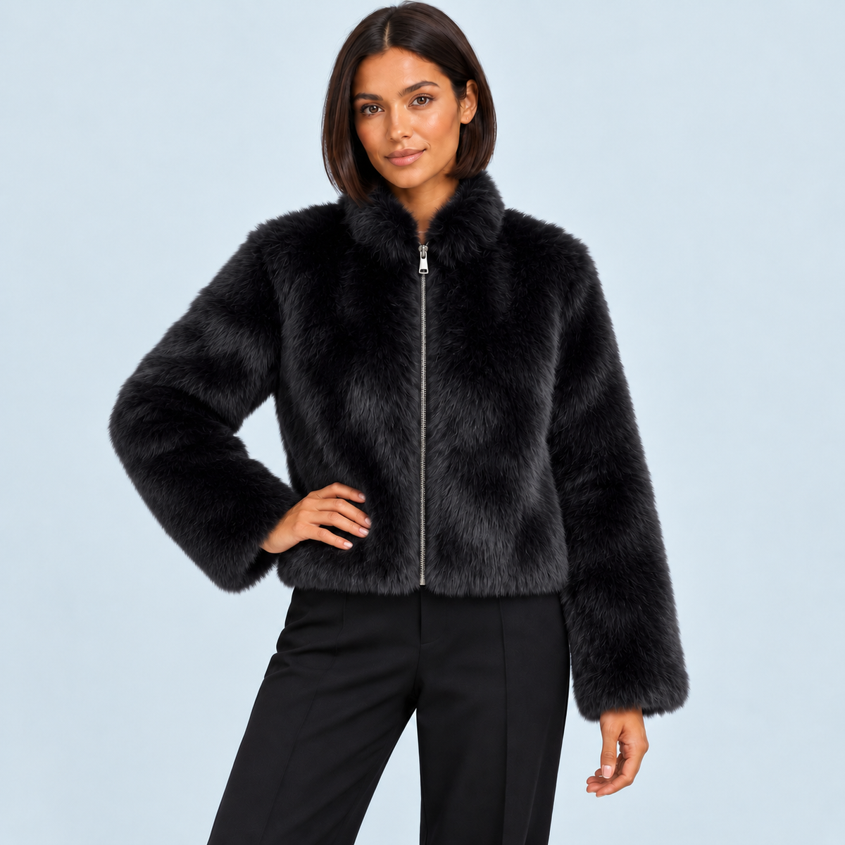 Veste courte femme en fausse fourrure à col montant — noir — face