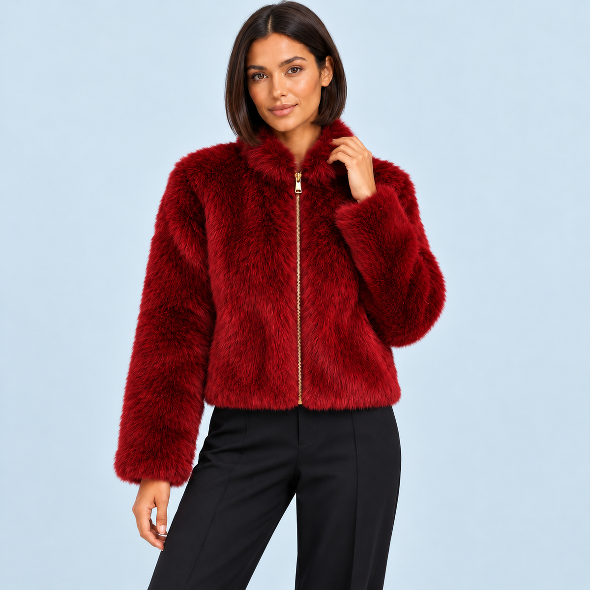 Veste courte femme en fausse fourrure à col montant — rouge — face