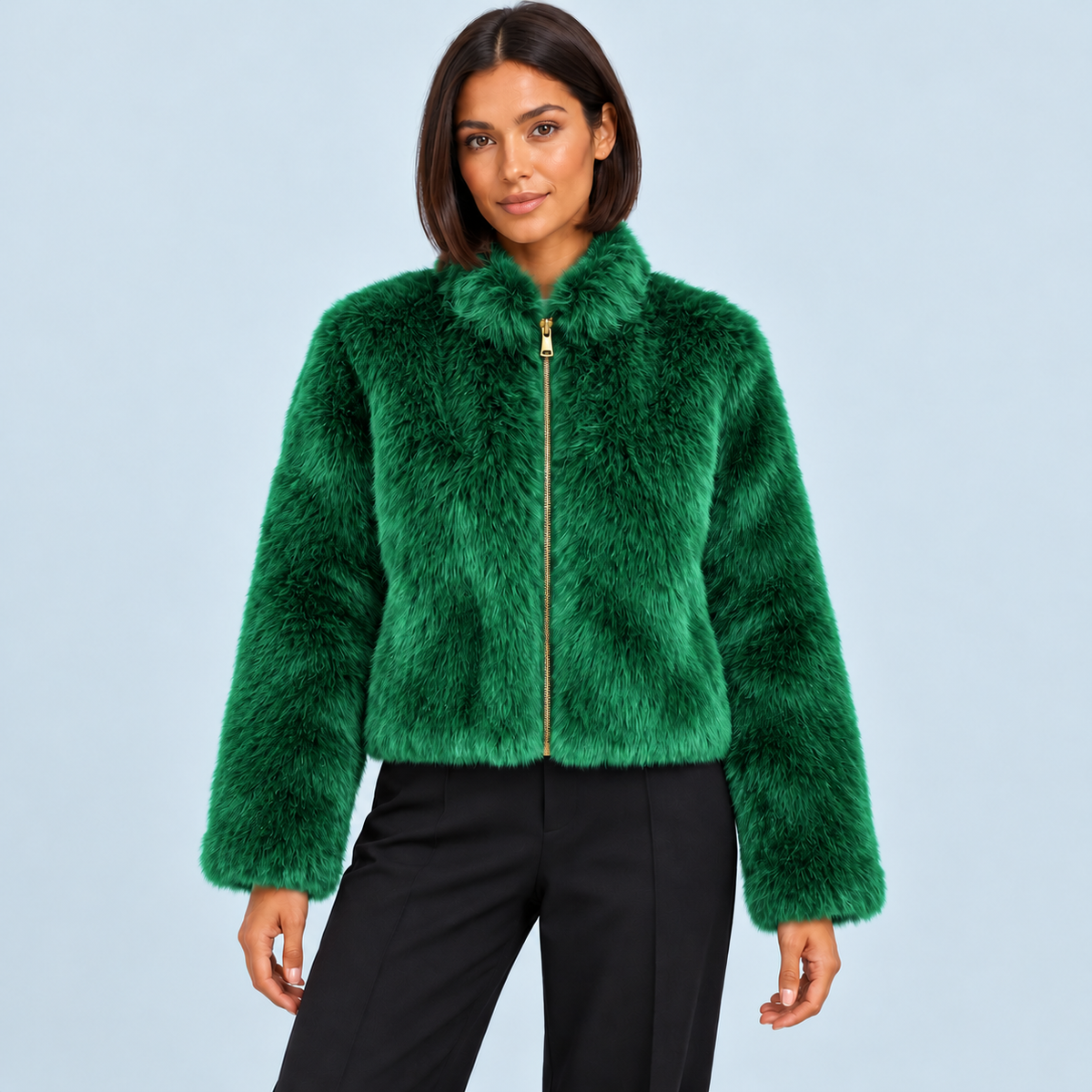 Veste courte femme en fausse fourrure à col montant — vert — face