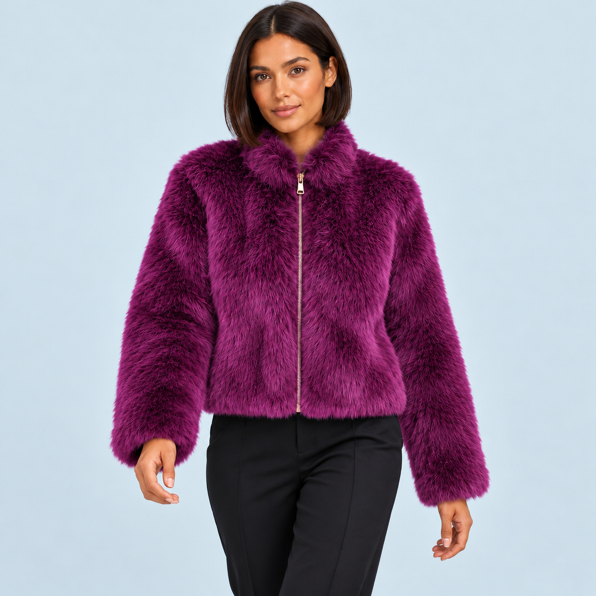 Veste courte femme en fausse fourrure à col montant — violet — face