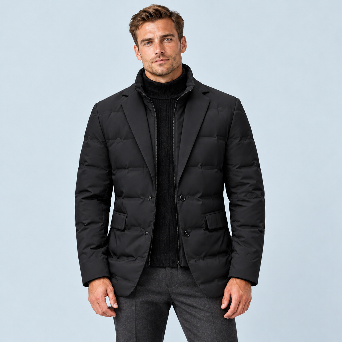 Veste homme matelassée noire style blazer, vue de face sur modèle D