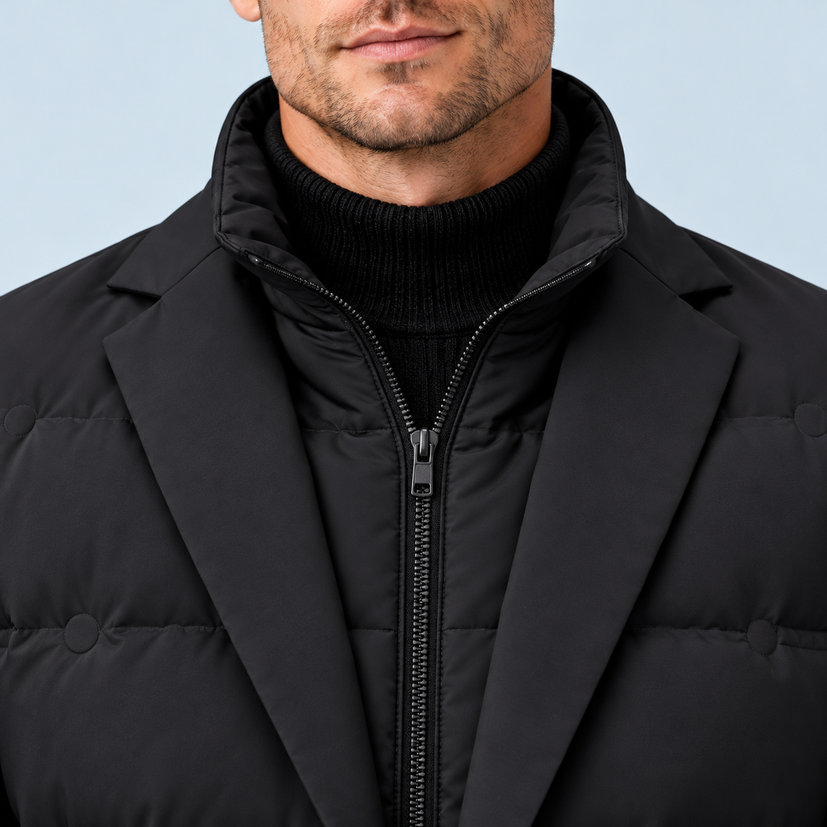 Détail des revers et du col intérieur zippé de la veste noire