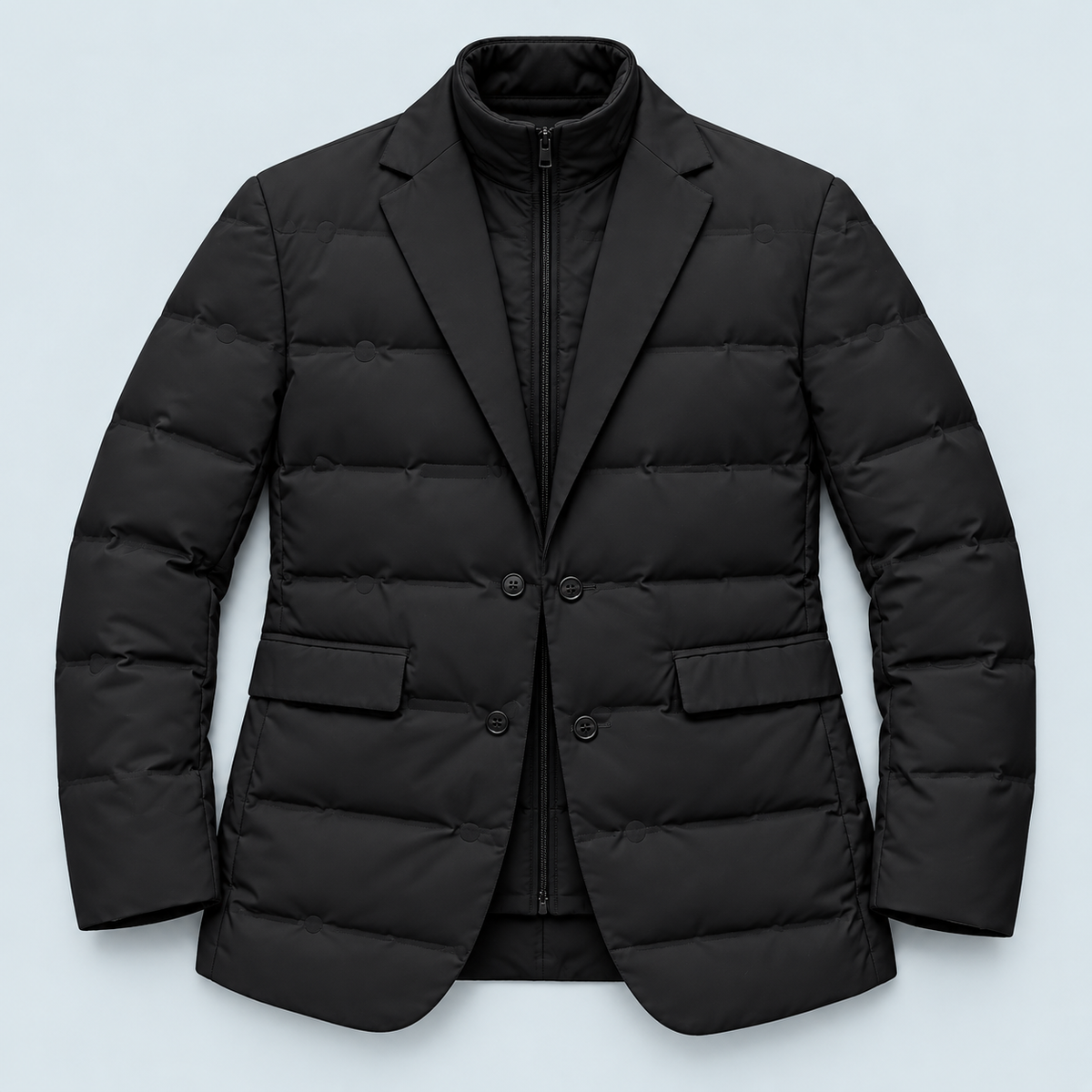 Veste homme matelassée noire présentée à plat, vue de face