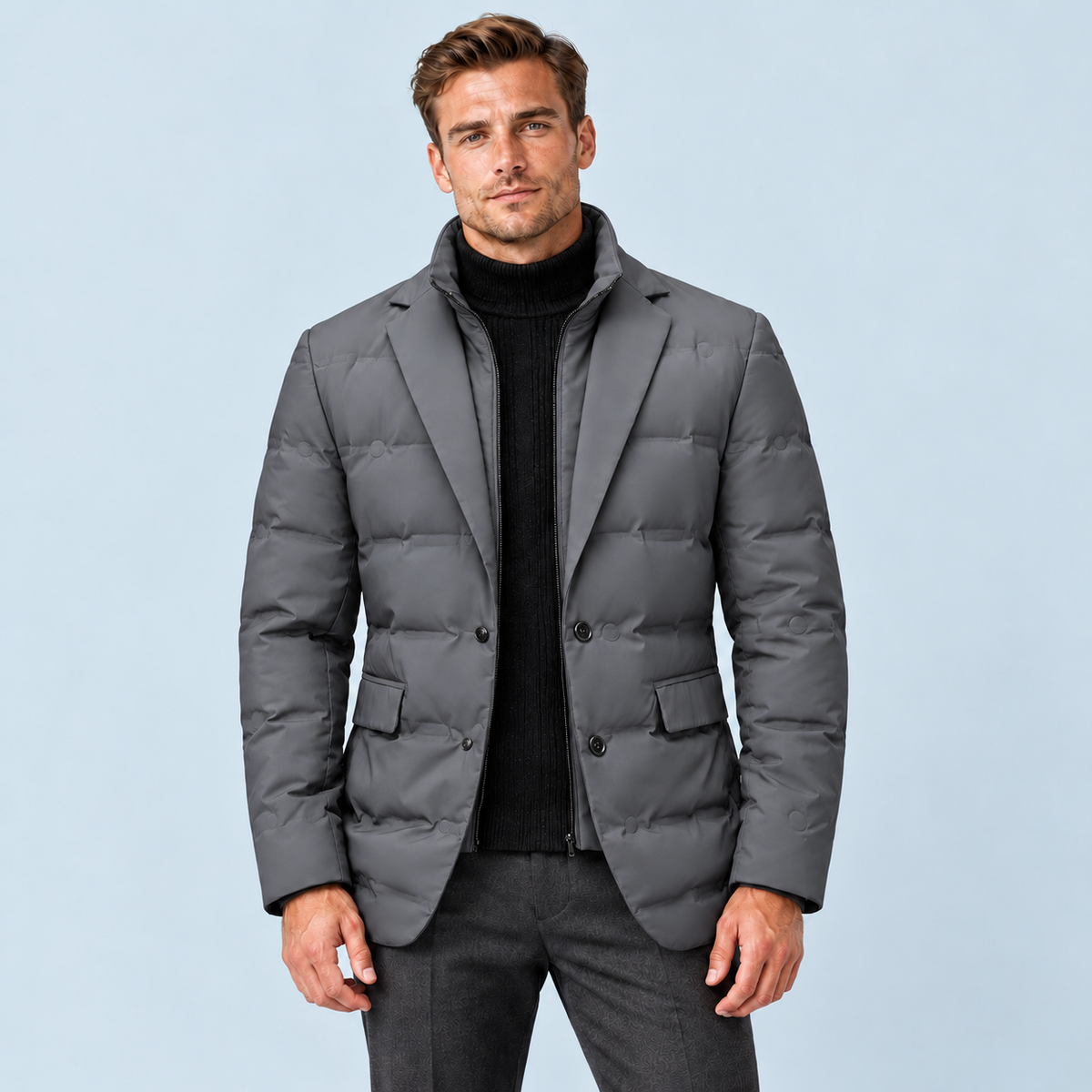 Veste homme matelassée grise style blazer, vue de face sur modèle D