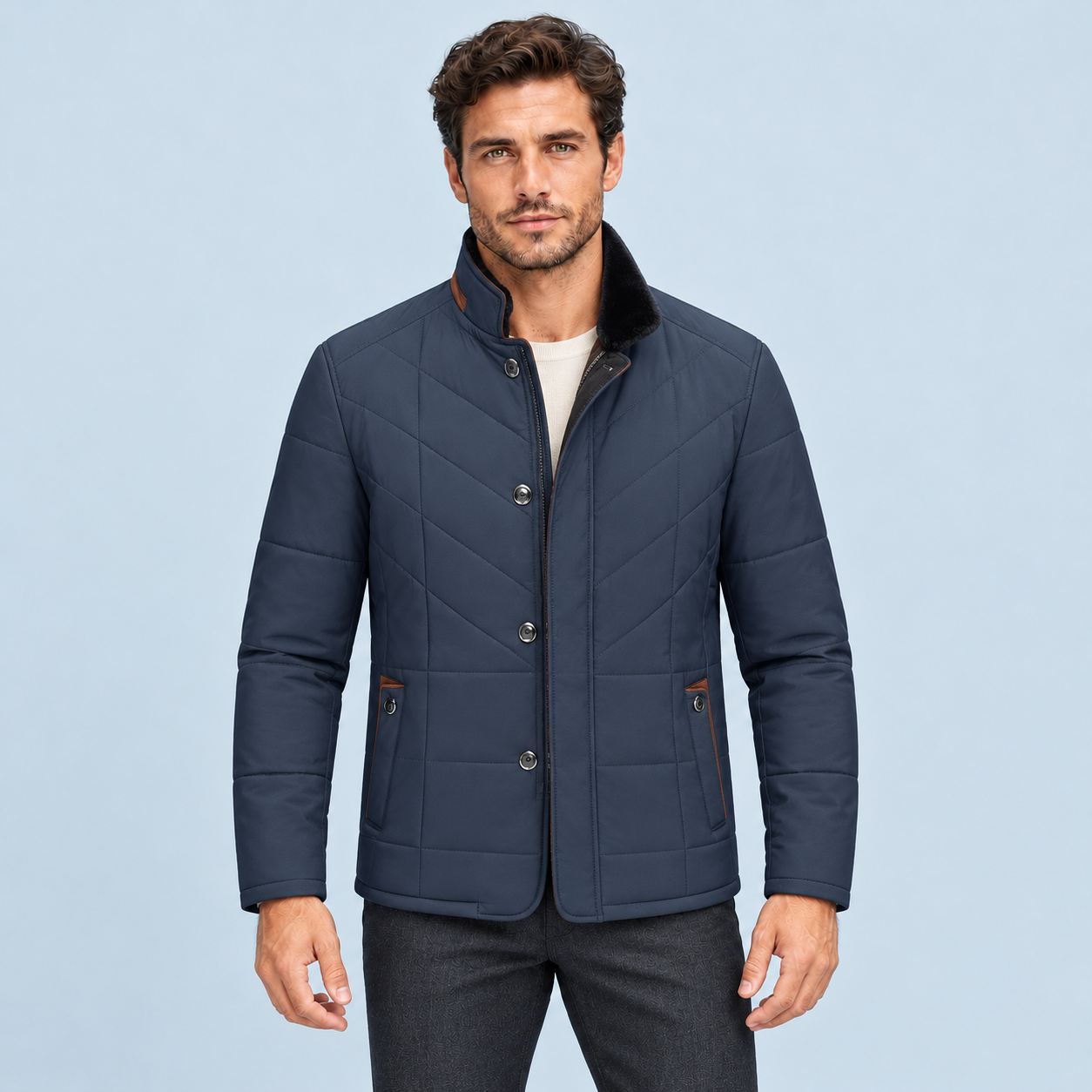 Veste matelassée homme à col montant — bleu marine — face