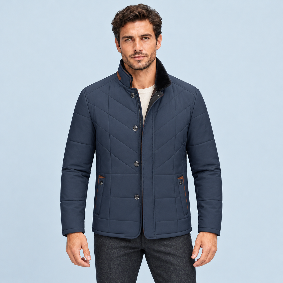 Veste matelassée homme à col montant — bleu marine — face