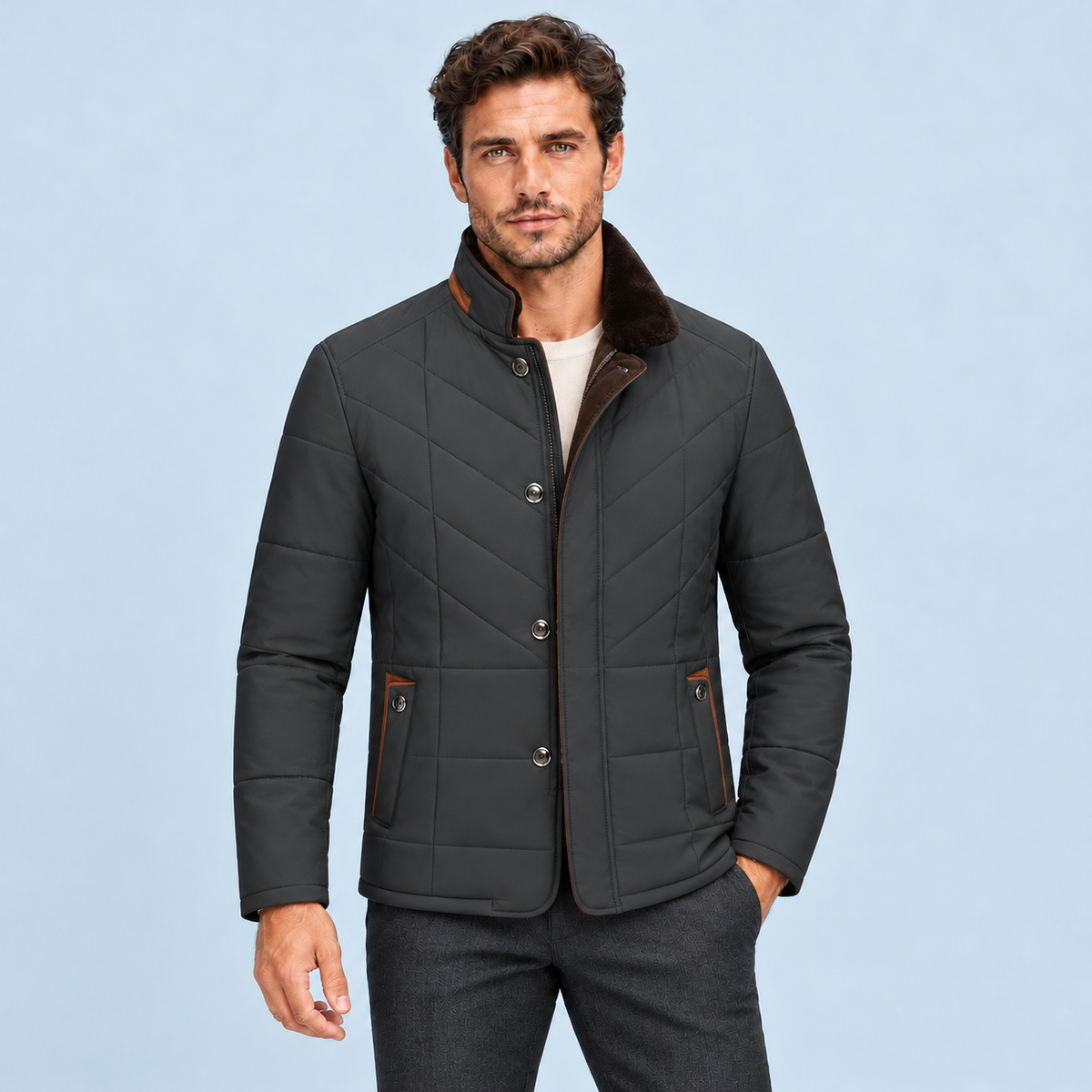 Veste matelassée homme à col montant — vert foncé — vue de face