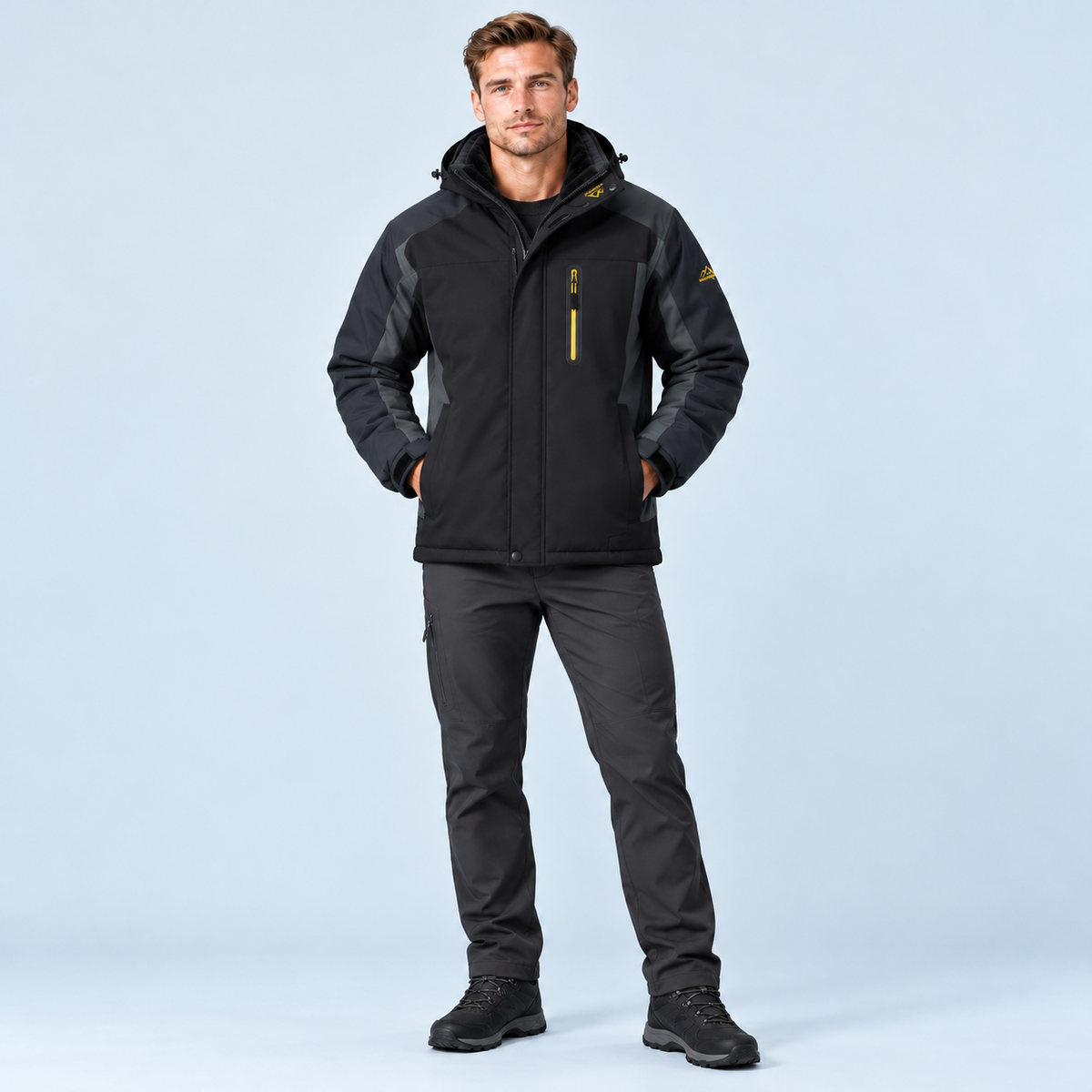 Veste outdoor homme doublée à capuche — noir — face