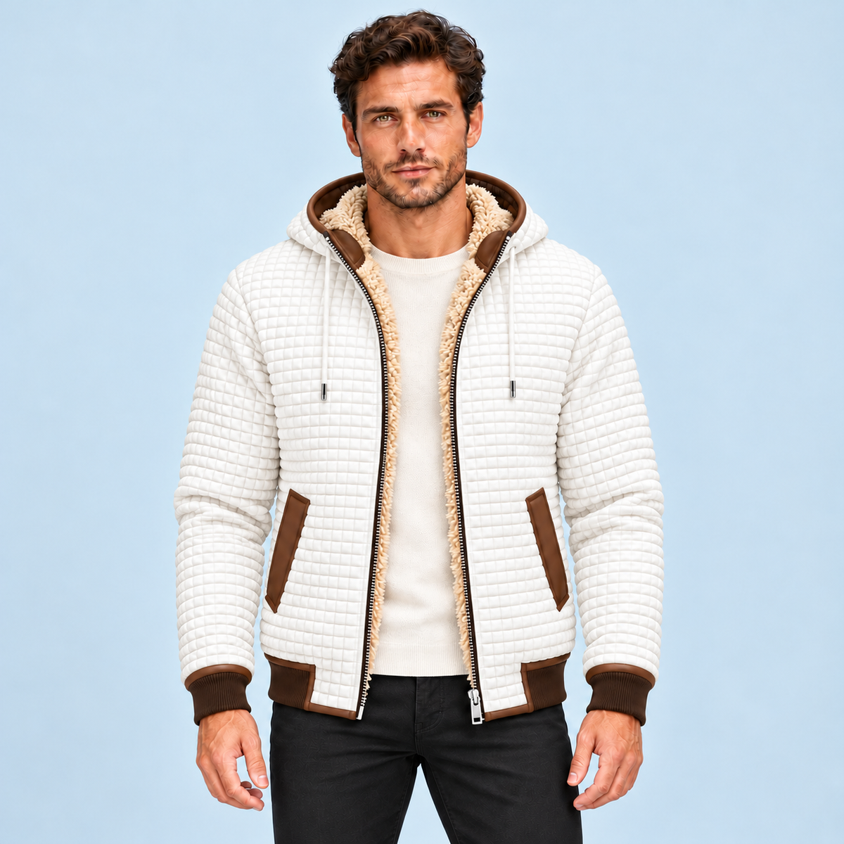 Veste homme texturée à capuche et doublure polaire — blanc face