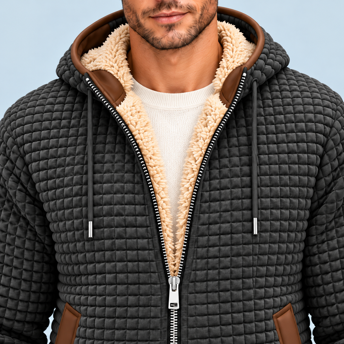 Veste homme texturée à capuche et doublure polaire — gris detail