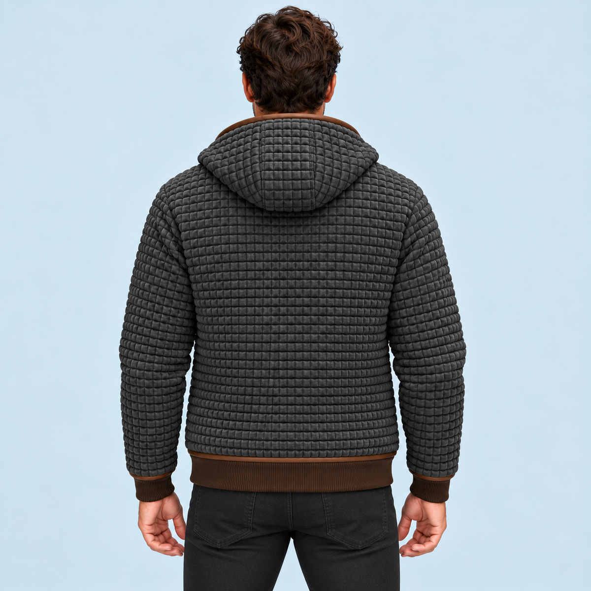 Veste homme texturée à capuche et doublure polaire — gris dos — dos reconstitué, détails à vérifier