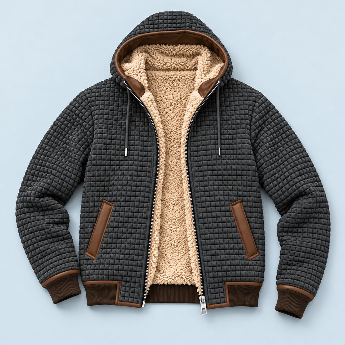 Veste homme texturée à capuche et doublure polaire — gris flatlay face