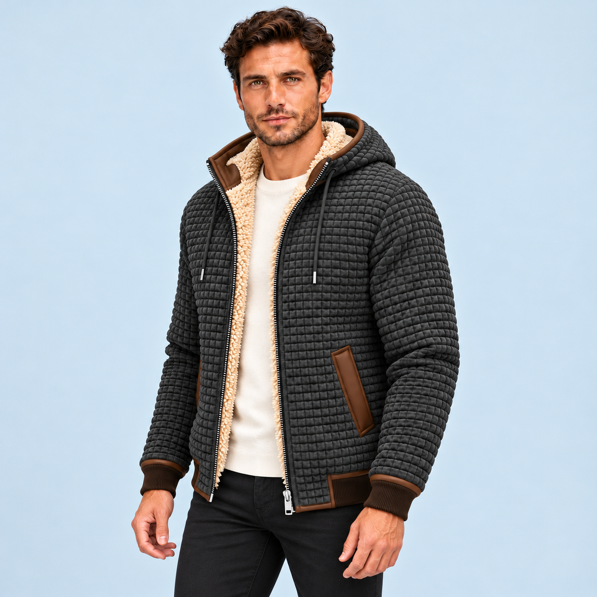 Veste homme texturée à capuche et doublure polaire — gris trois quarts