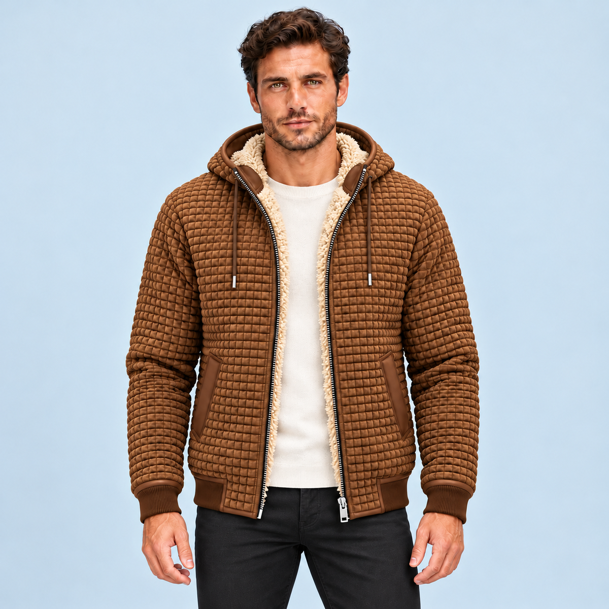 Veste homme texturée à capuche et doublure polaire — marron face