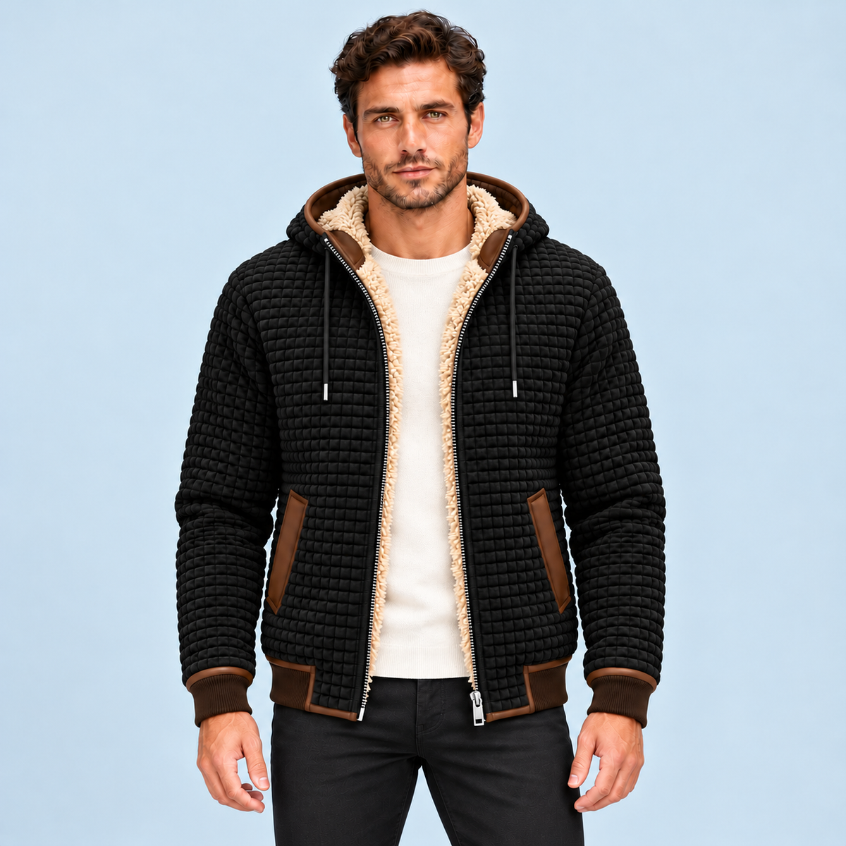Veste homme texturée à capuche et doublure polaire — noir face