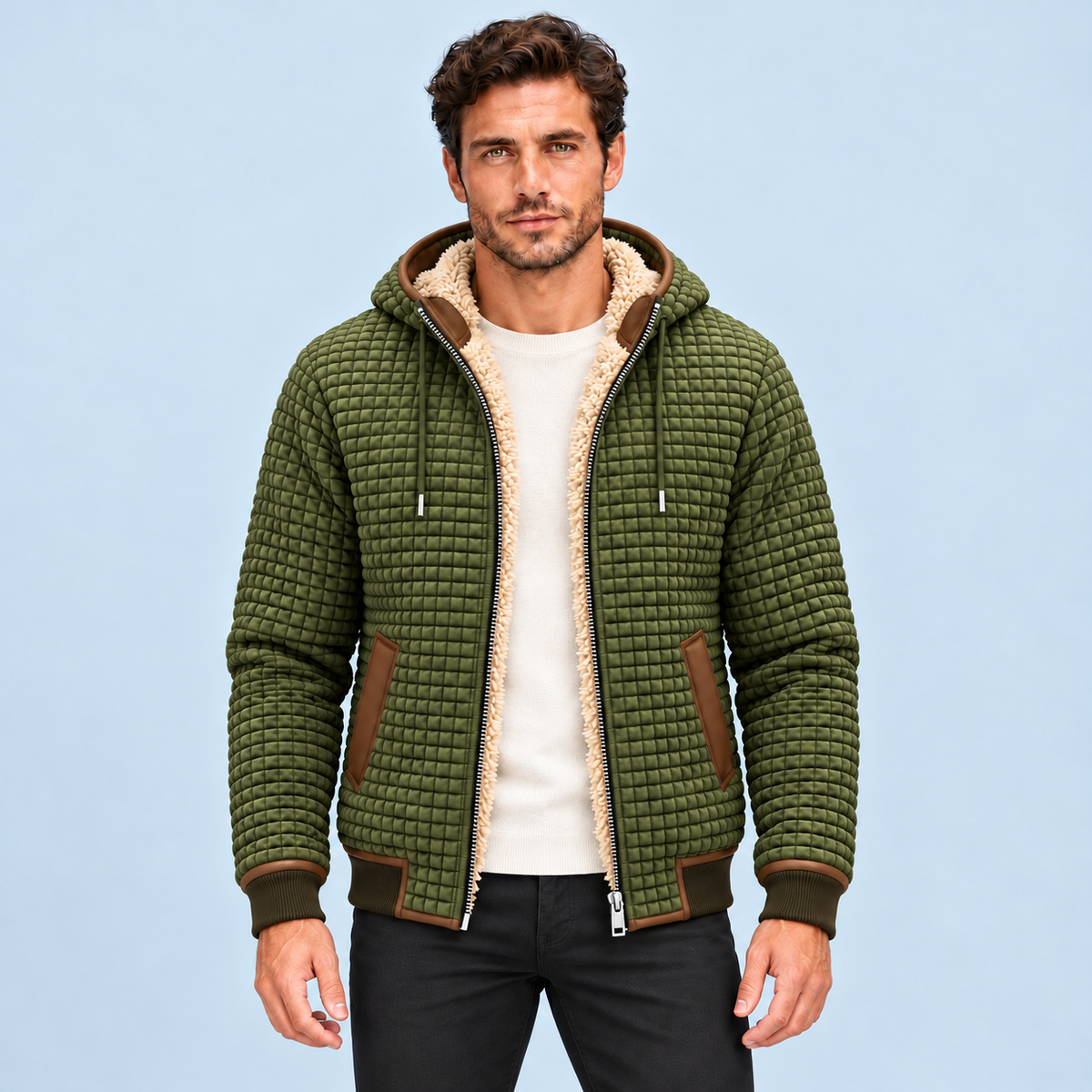 Veste homme texturée à capuche et doublure polaire — vert face