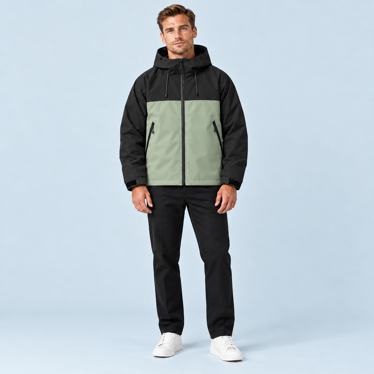 Veste unisexe à capuche et poches zippées — Noir et vert sauge - porté homme