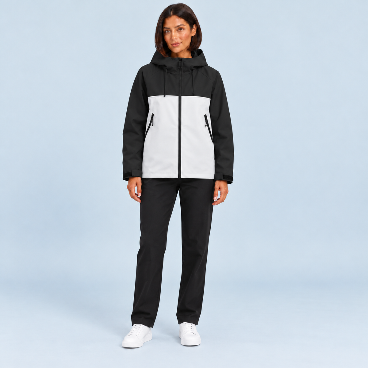 Veste unisexe à capuche et poches zippées — Noir et blanc - porté femme